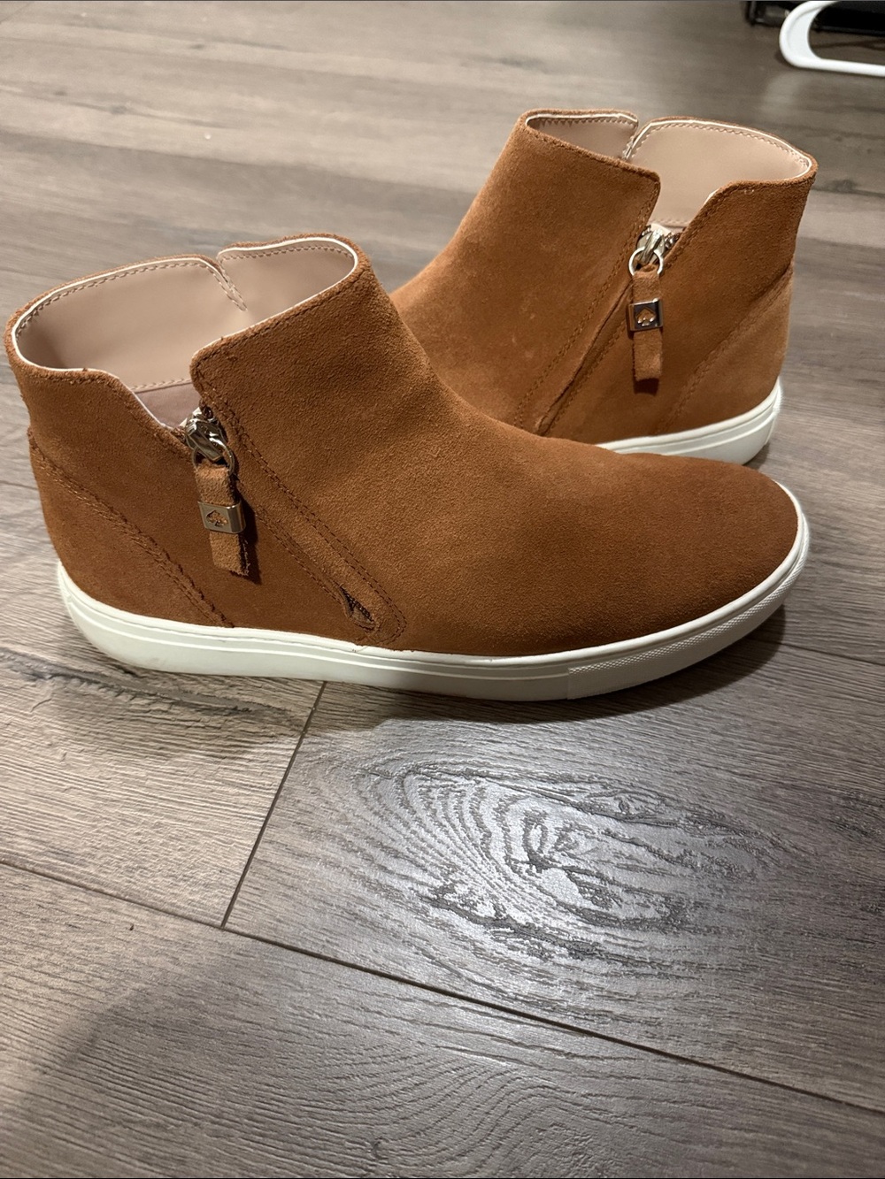 kate spade Suede Zip-Detail Wedge Sneaker in Cognac Brown